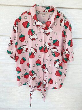 Pink Hello Kitty with strawberries button-down shirt, size S